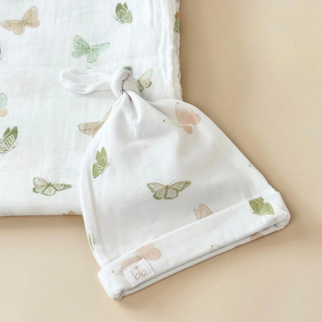 Newborn Gift Set – Muslin Swaddle Blanket + Top Knot Hat for Boy or Girl