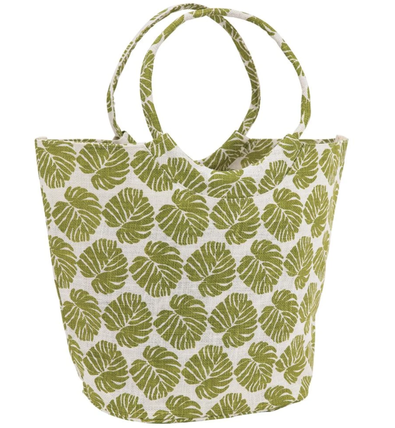 Shop our Jute Bucket Bag in Monstera pattern